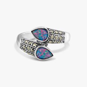 خاتم فضة الماركازيت مزدوج بحجر الأوبال السنثتك (دمعة)