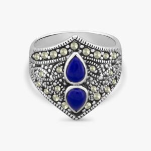 خاتم فضة الماركازيت عريض بحجر أزرق (دمعة)