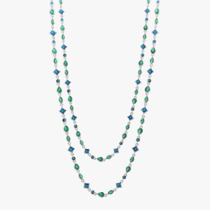 Long Bezel Green Blue Multi-shaped Stones Sterling Silver Chain 90 cm