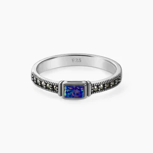 خاتم فضة الماركازيت بحجر سنثتك أوبال مستطيل