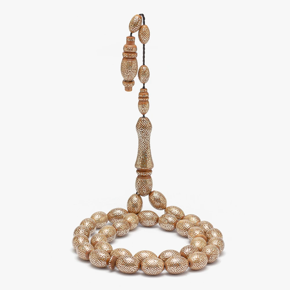 سبحة من ثمرة الكوك فاخرة بتطعيم فضة بالكامل (زيتوني)