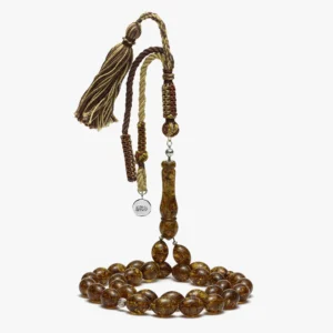 سبحة كهرمان (لوز) مع كركوشة بنية وتطعيمات فضة