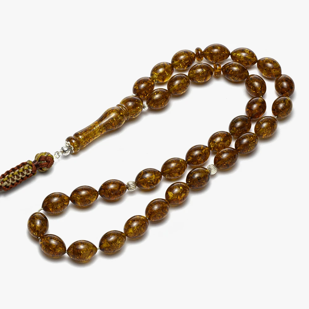 سبحة كهرمان (لوز) مع كركوشة بنية وتطعيمات فضة - الصورة 3