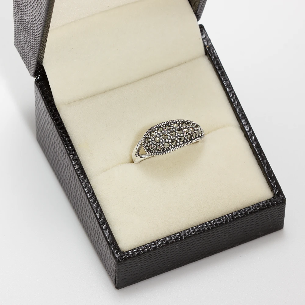 خاتم فضة ماركازيت بواجهة بيضاوية منحنية - الصورة 3