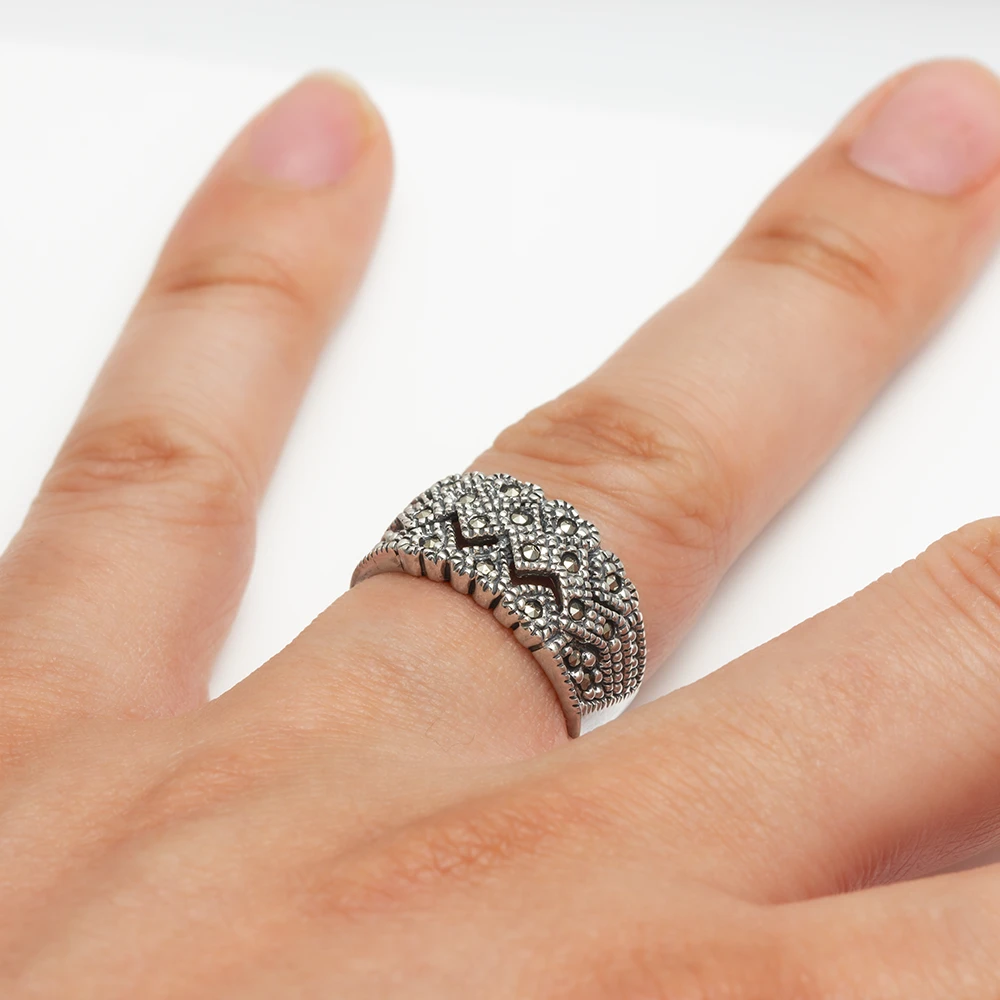 خاتم فضة ماركازيت ڤينتج نفش الزجزاج - الصورة 2