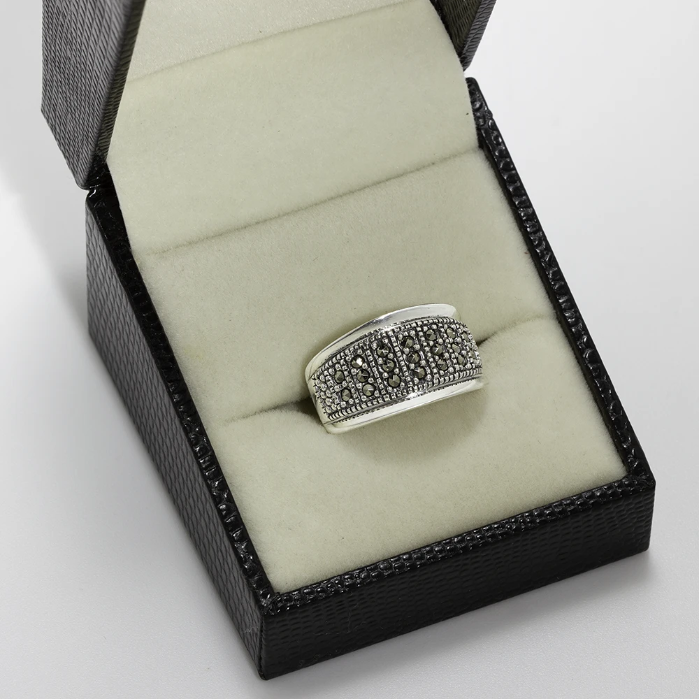 خاتم فضة ماركازيت هالف اترنيتي بنقشة مربعات - الصورة 3