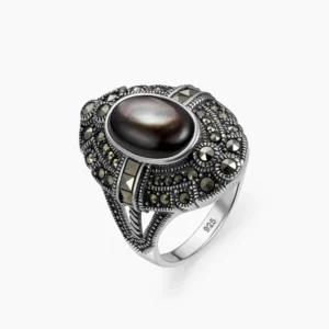 خاتم فضة الماركازيت مزخرف بحجر الصدف الأسود