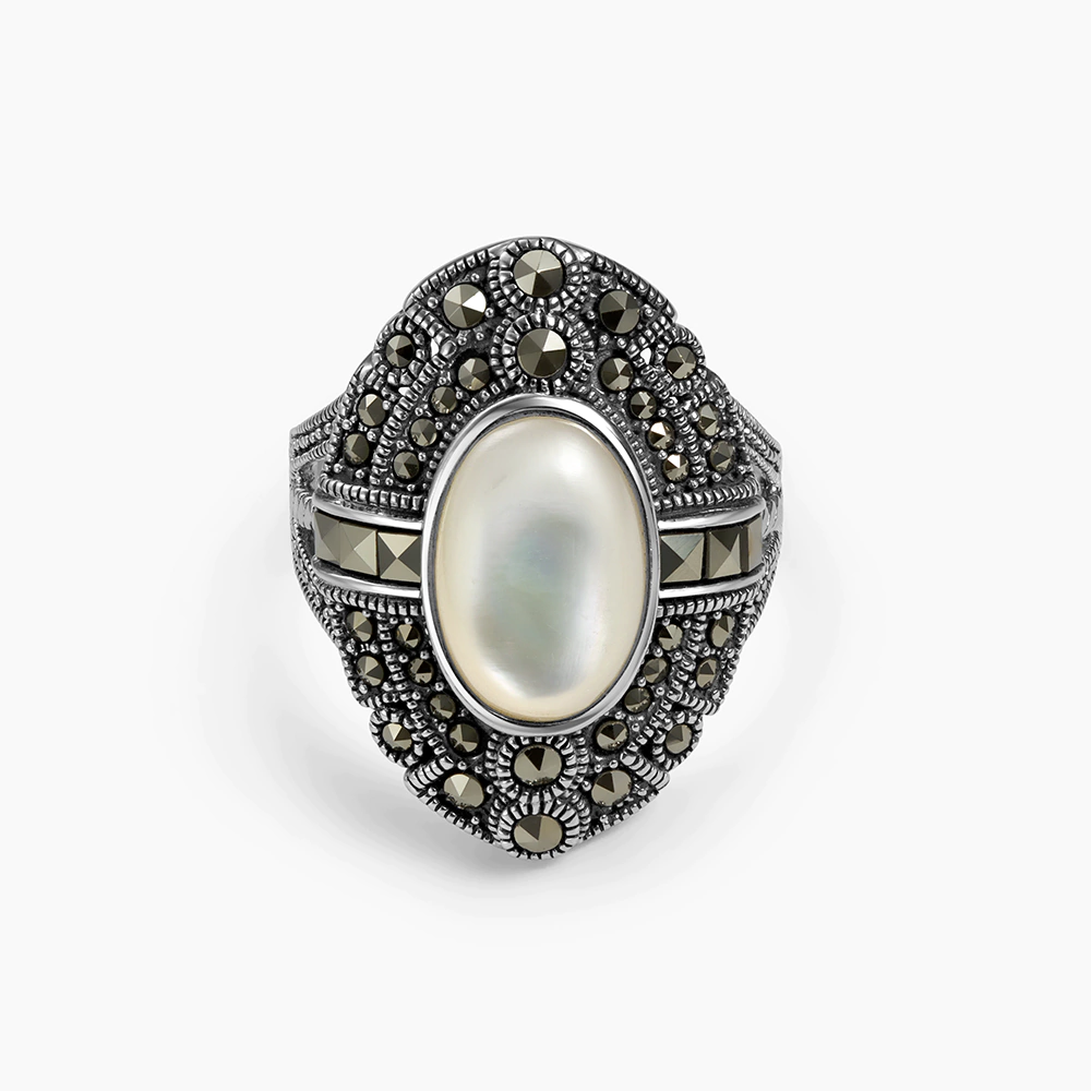خاتم فضة الماركازيت مزخرف بحجر الصدف الأبيض