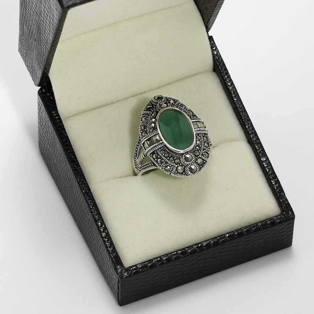 خاتم فضة الماركازيت مزخرف بحجر الكالسيدون الأخضر - الصورة 3