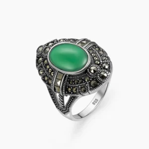 خاتم فضة الماركازيت مزخرف بحجر الكالسيدون الأخضر