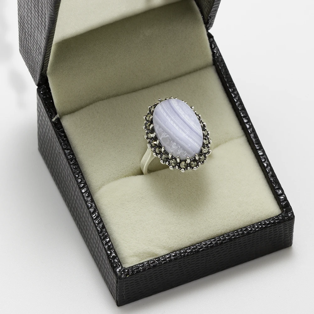 خاتم فضة الماركازيت هالو بحجر العقيق الأزرق - الصورة 3