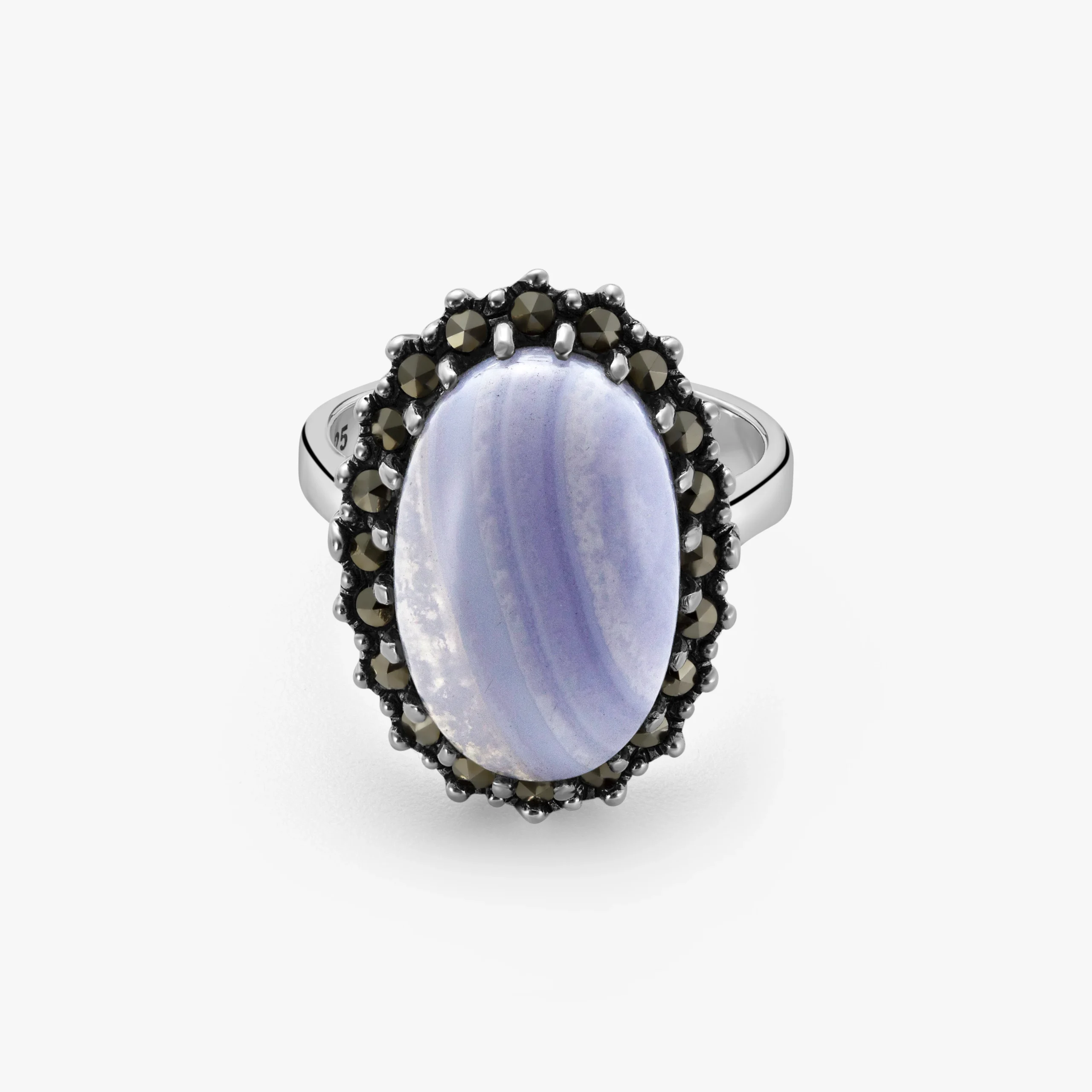 خاتم فضة الماركازيت هالو بحجر العقيق الأزرق