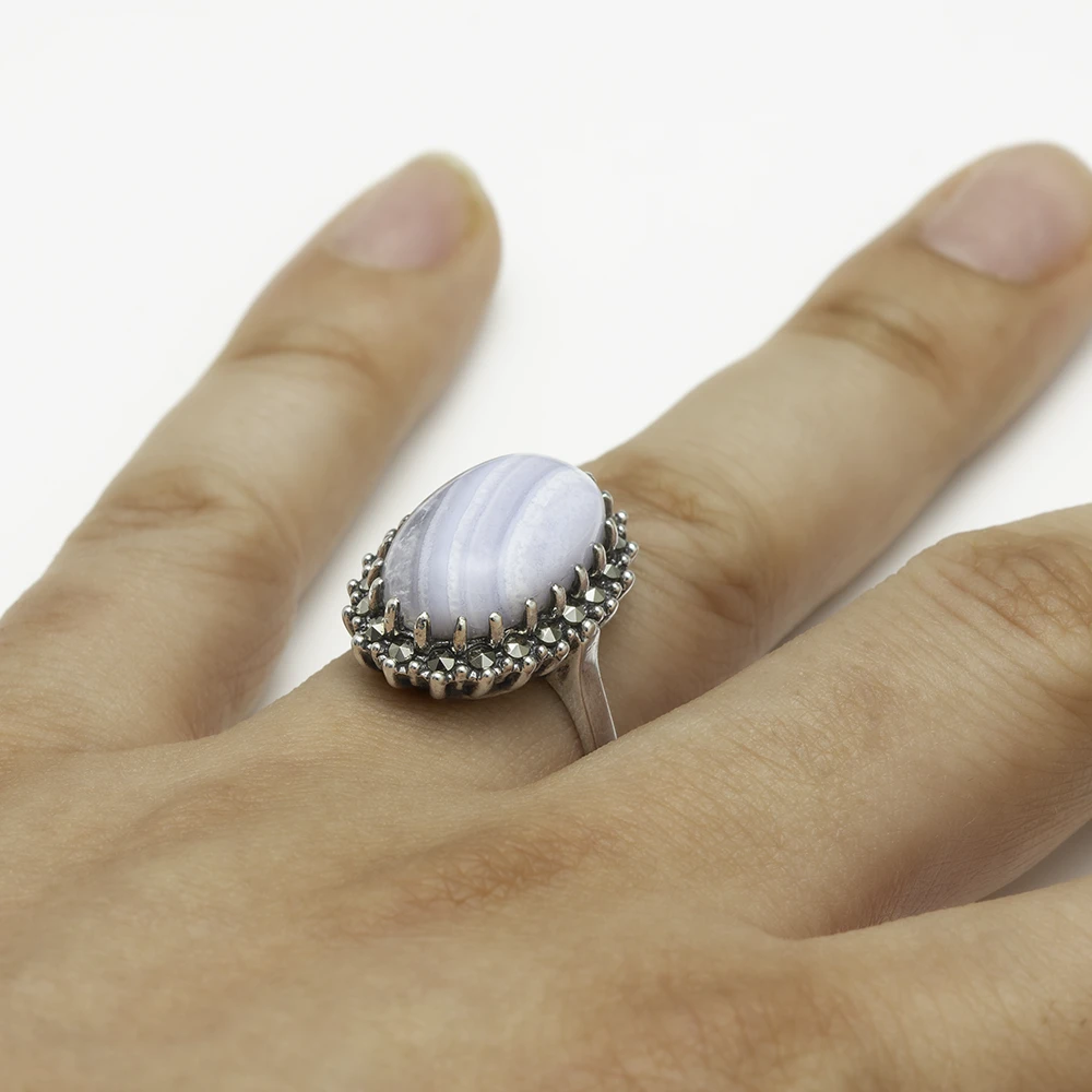 خاتم فضة الماركازيت هالو بحجر العقيق الأزرق - الصورة 2