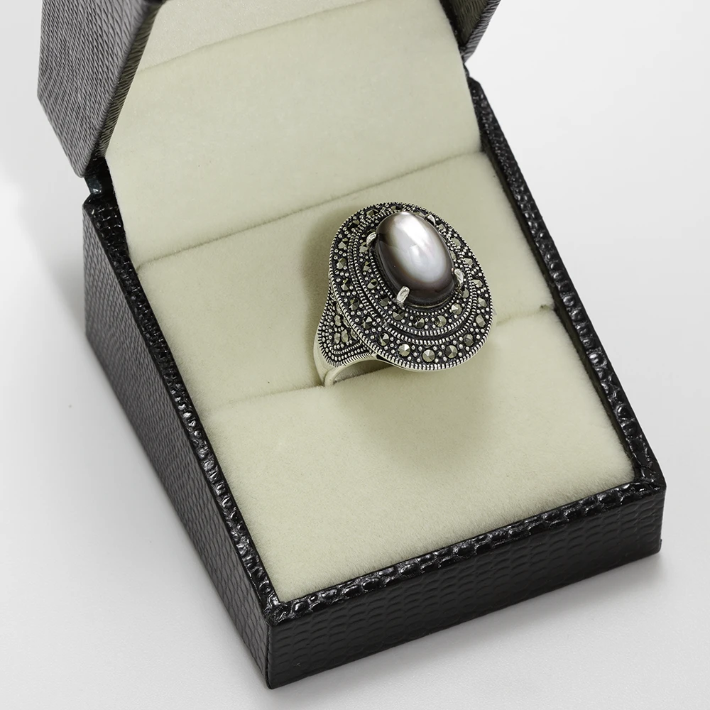 خاتم فضة الماركازيت دبل هالو بحجر الصدف الأسود والأبيض - الصورة 3