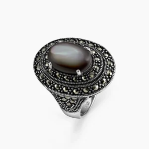 خاتم فضة الماركازيت دبل هالو بحجر الصدف الأسود والأبيض