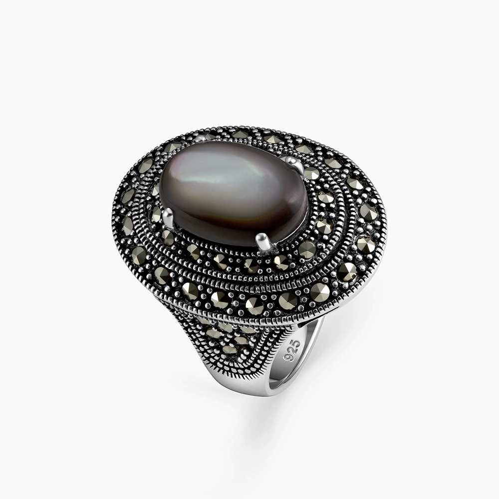 خاتم فضة الماركازيت دبل هالو بحجر الصدف الأسود والأبيض