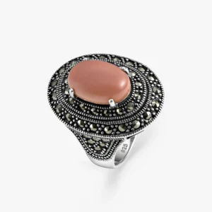 خاتم فضة الماركازيت دبل هالو بحجر الأوبال الوردي