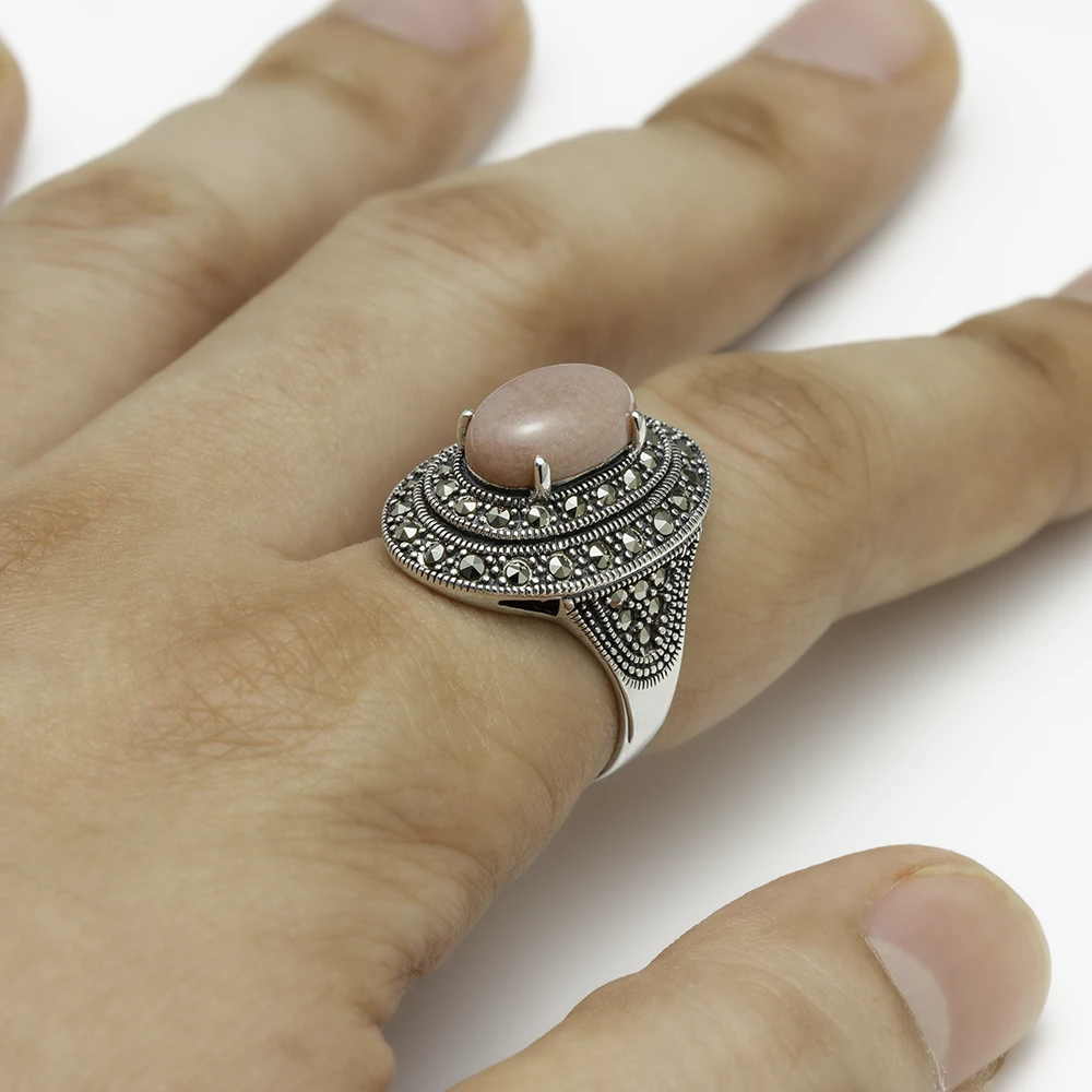 خاتم فضة الماركازيت دبل هالو بحجر الأوبال الوردي - الصورة 2