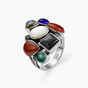 خاتم فضة الماركازيت ملتي أحجار