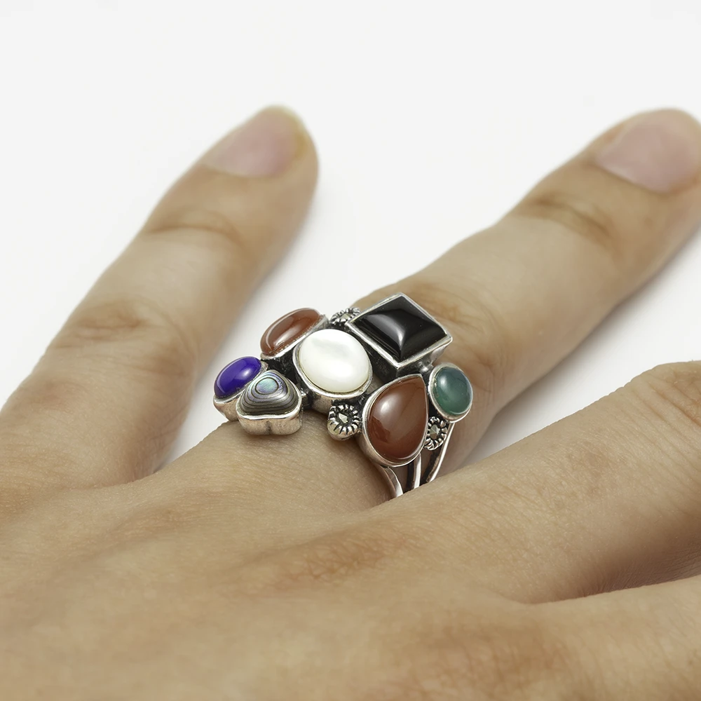 خاتم فضة الماركازيت ملتي أحجار - الصورة 2