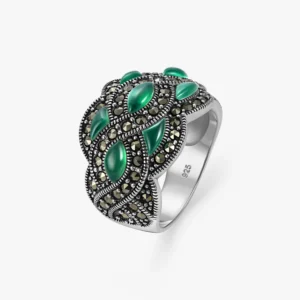 خاتم فضة الماركازيت بتصميم مموج بحجر الكالسيدون الأخضر