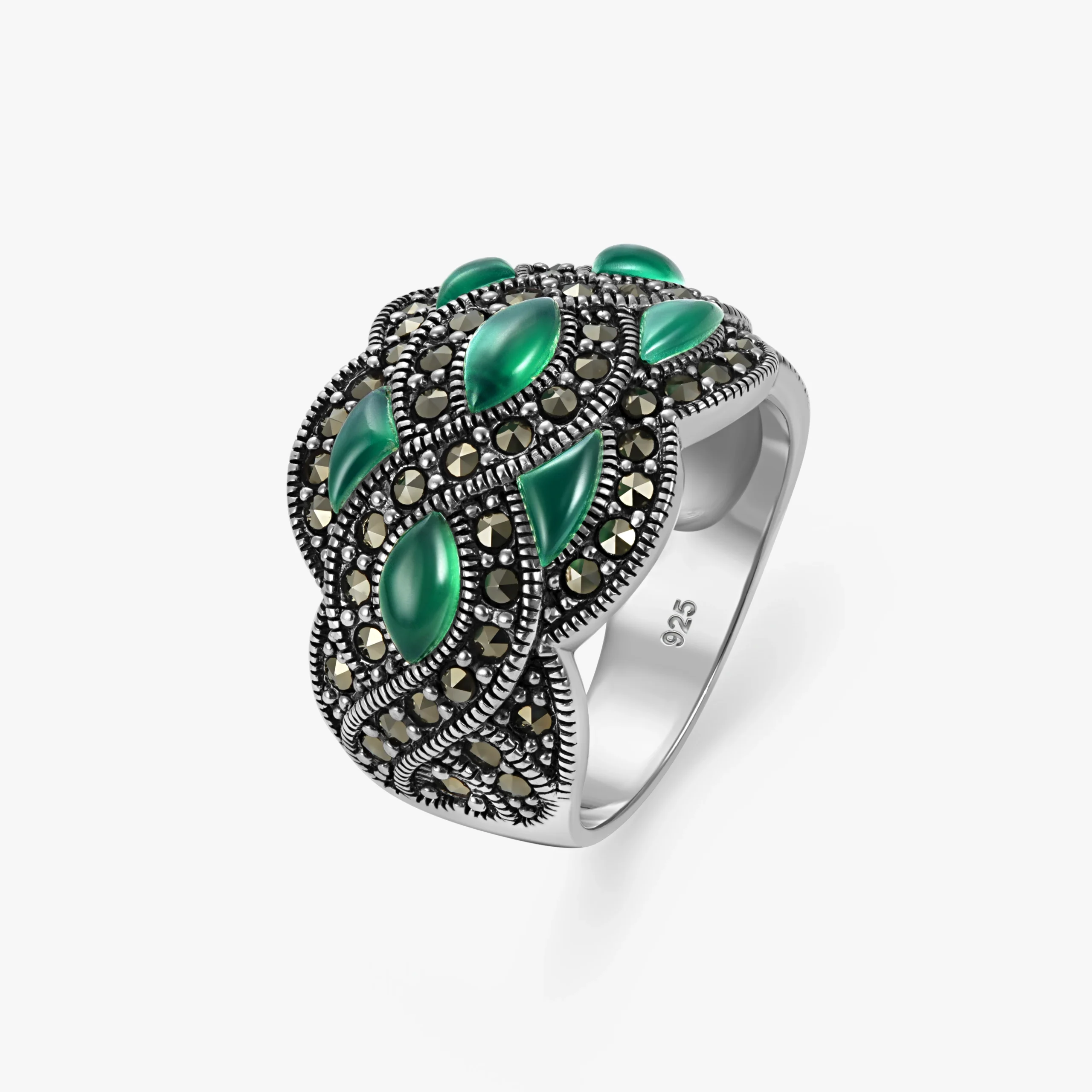 خاتم فضة الماركازيت بتصميم مموج بحجر الكالسيدون الأخضر