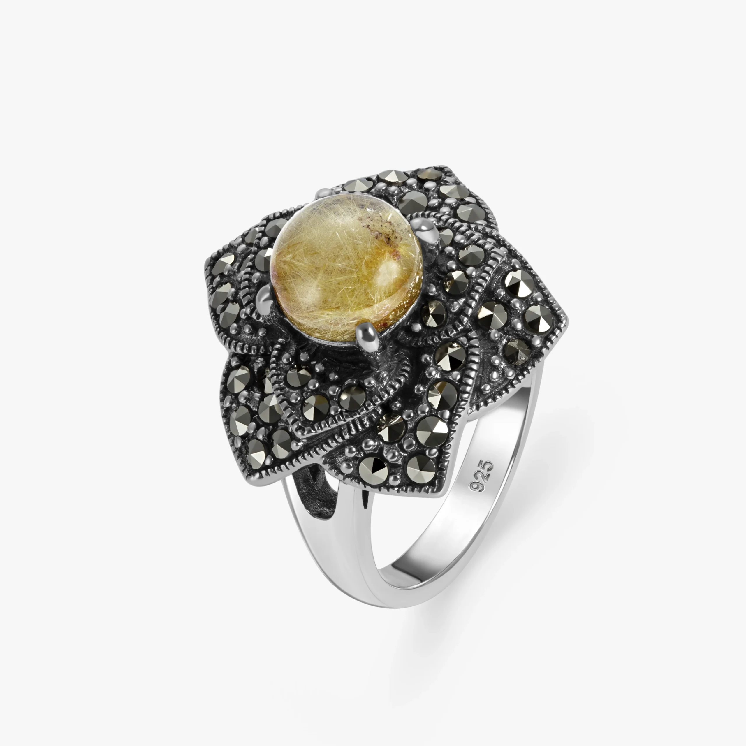 خاتم فضة بحجر كوارتز روتيلي بتصميم الوردة