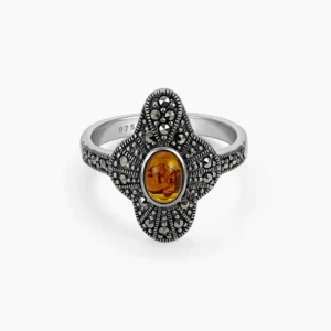 خاتم فضة الماركازيت بتصميم رباعي بحجر الكهرمان