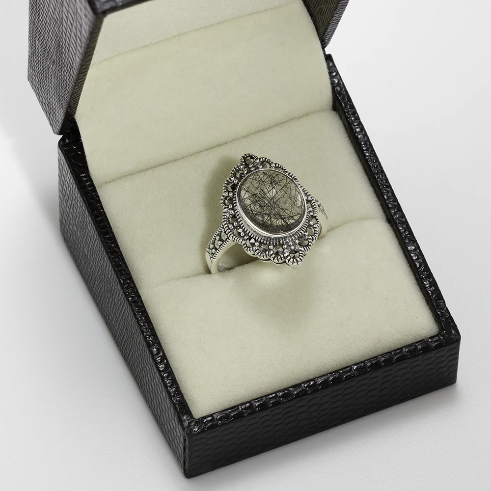 خاتم فضة بحجر كوارتز روتيلي وإطار بتصميم الماركازيت - الصورة 3