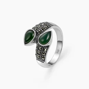 خاتم فضة الماركازيت مزدوج بحجر الكالسيدون الأخضر (دمعة)