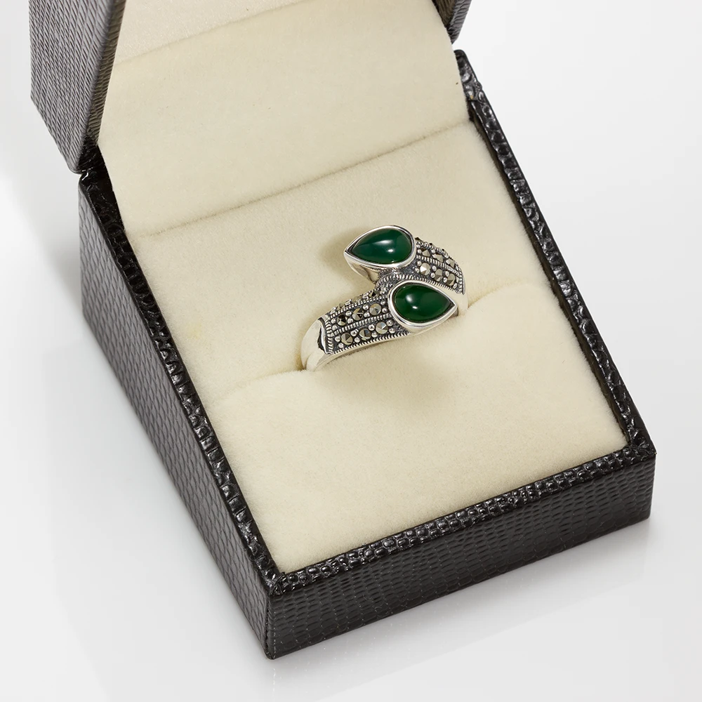 خاتم فضة الماركازيت مزدوج بحجر الكالسيدون الأخضر (دمعة) - الصورة 3