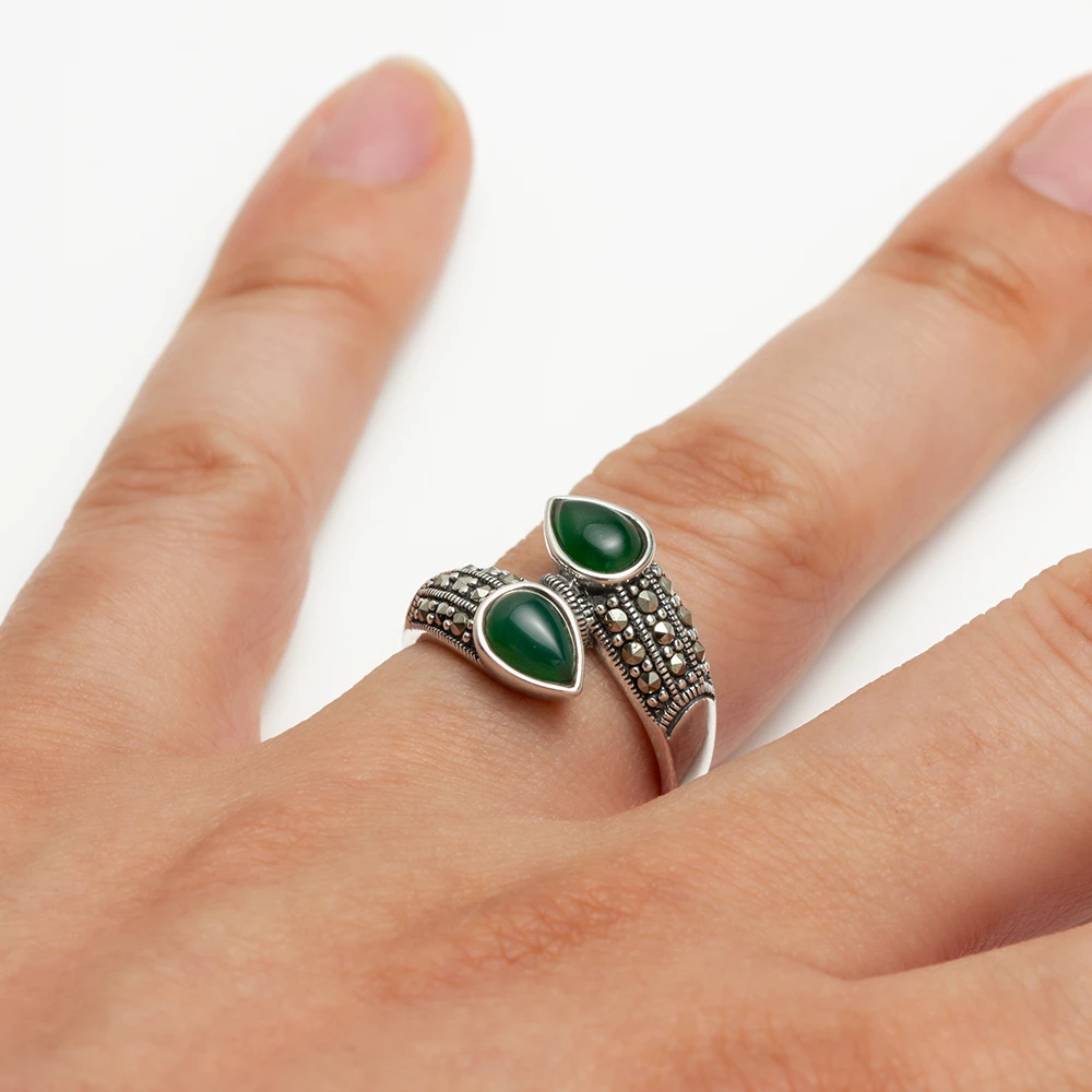خاتم فضة الماركازيت مزدوج بحجر الكالسيدون الأخضر (دمعة) - الصورة 2