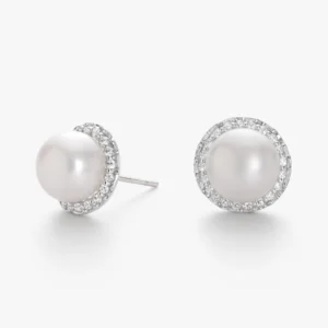 زوج حلق فضة لؤلؤ أبيض ستد مع هالو (11.8 ملي)