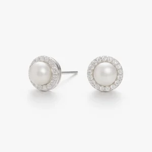 زوج حلق فضة لؤلؤ هالو ستد ناعم (9 ملي)