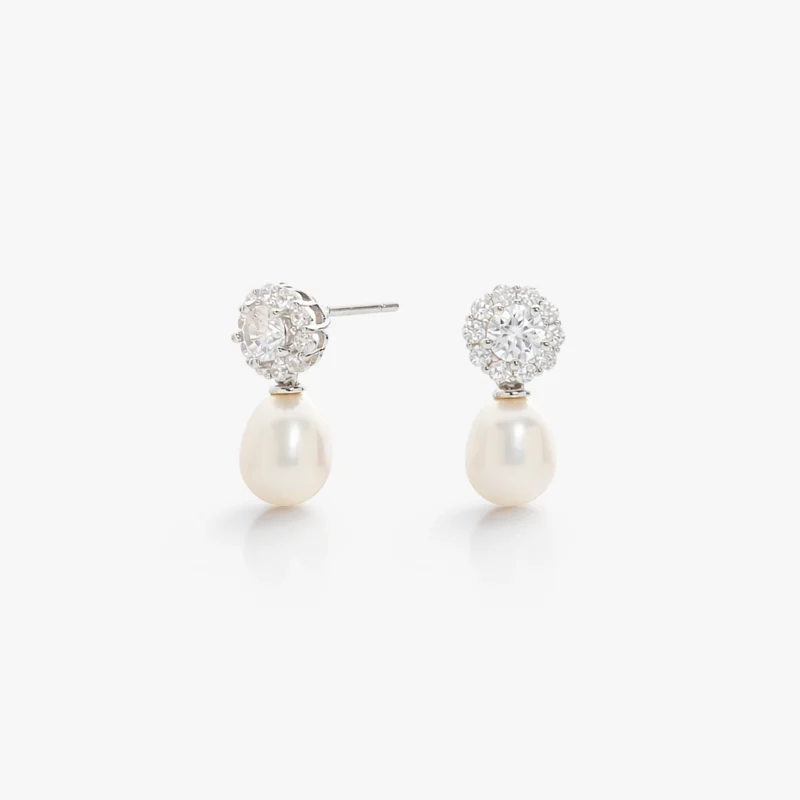 زوج حلق فضة هالو بنزلة لؤلؤ أبيض